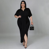 Plus Size V Neck Irregular Short Sleeve Maxi Dress NNWF-7420