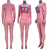 Letter Print Long Sleeve Hole Two Piece Pants Set MDF-5282