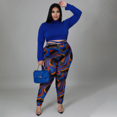 Plus Size Long Sleeve Bandage Top+Printed Pants Sets NNWF-7390