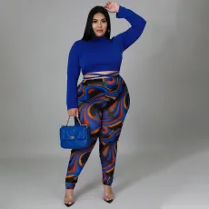 Plus Size Long Sleeve Bandage Top+Printed Pants Sets NNWF-7390