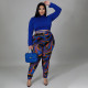 Plus Size Long Sleeve Bandage Top+Printed Pants Sets NNWF-7390