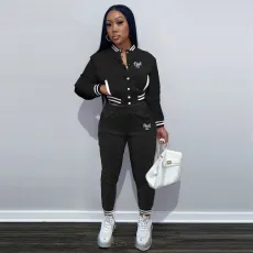 Pink Letter Print Baseball Jacket And Pants 2 Piece Sets YIM-237