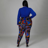 Plus Size Long Sleeve Bandage Top+Printed Pants Sets NNWF-7390