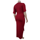 Plus Size V Neck Irregular Short Sleeve Maxi Dress NNWF-7420