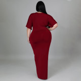 Plus Size V Neck Irregular Short Sleeve Maxi Dress NNWF-7420