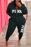 Plus Size Pink Letter Hooded Zipper Two Piece Sets WAF-77408P118