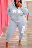 Plus Size Pink Letter Hooded Zipper Two Piece Sets WAF-77408P118