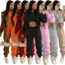 Solid Fleece Zipper Hoodie+Tank Top+Pants 3 Piece Sets TK-6209