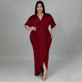 Plus Size V Neck Irregular Short Sleeve Maxi Dress NNWF-7420