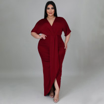 Plus Size V Neck Irregular Short Sleeve Maxi Dress NNWF-7420