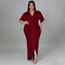 Plus Size V Neck Irregular Short Sleeve Maxi Dress NNWF-7420