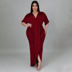 Plus Size V Neck Irregular Short Sleeve Maxi Dress NNWF-7420