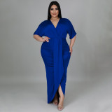 Plus Size V Neck Irregular Short Sleeve Maxi Dress NNWF-7420