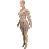 Sexy Plaid Off Shoulder Crop Top Pleated Mini Skirt Sets MEI-9227