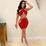 Sexy Halter Crop Top+Mini Skirt+Underpants 3 Piece Sets TE-4373