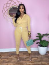 Casual Solid V Neck Long Sleeve Jumpsuit SFY-2154