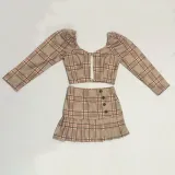 Sexy Plaid Off Shoulder Crop Top Pleated Mini Skirt Sets MEI-9227