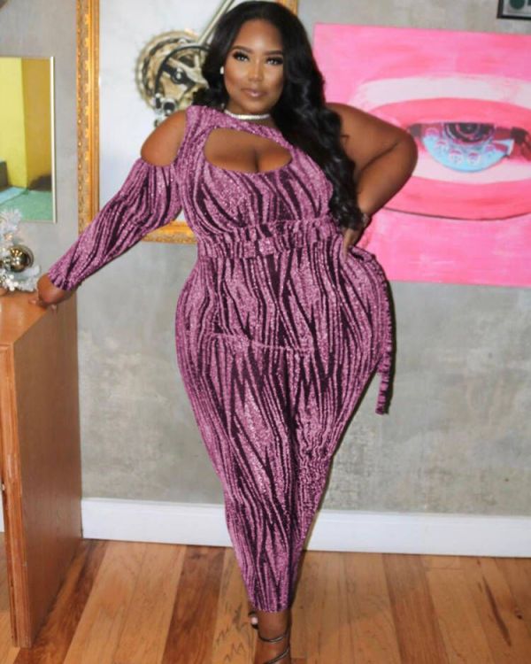 Plus Size One Shoulder Hollow Sashes Jumpsuit MOF-6665