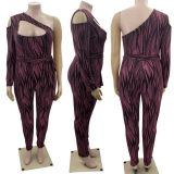 Plus Size One Shoulder Hollow Sashes Jumpsuit MOF-6665