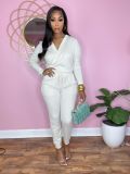 Casual Solid V Neck Long Sleeve Jumpsuit SFY-2154
