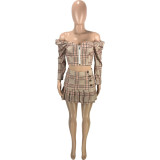 Sexy Plaid Off Shoulder Crop Top Pleated Mini Skirt Sets MEI-9227