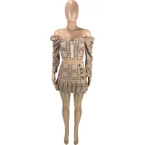 Sexy Plaid Off Shoulder Crop Top Pleated Mini Skirt Sets MEI-9227