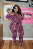 Plus Size One Shoulder Hollow Sashes Jumpsuit MOF-6665