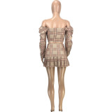 Sexy Plaid Off Shoulder Crop Top Pleated Mini Skirt Sets MEI-9227