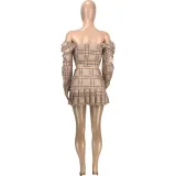Sexy Plaid Off Shoulder Crop Top Pleated Mini Skirt Sets MEI-9227