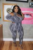 Plus Size One Shoulder Hollow Sashes Jumpsuit MOF-6665