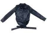 PU Leather Backless Tie-Knot Long Sleeve Top LSD-81096