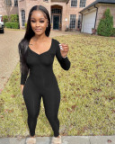 Solid V Neck Long Sleeve Ruched Tight Jumpsuit FSL-F187