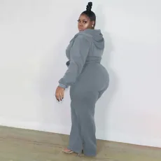 Plus Size Solid Hooded Zipper Two Piece Pants Set XMF-089