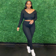 Solid Ribbed V Neck Long Sleeve 2 Piece Pants Set XMY-9345