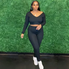 Solid Ribbed V Neck Long Sleeve 2 Piece Pants Set XMY-9345