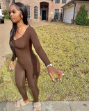 Solid V Neck Long Sleeve Ruched Tight Jumpsuit FSL-F187