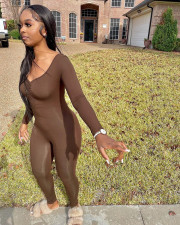 Solid V Neck Long Sleeve Ruched Tight Jumpsuit FSL-F187