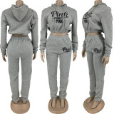 Pink Letter Print Fleece Hoodies Two Piece Sets FNN-8658