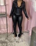 PU Leather Backless Tie-Knot Long Sleeve Top LSD-81096