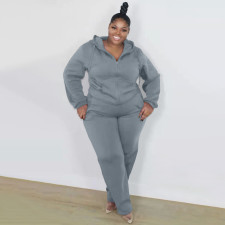 Plus Size Solid Hooded Zipper Two Piece Pants Set XMF-089