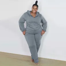 Plus Size Solid Hooded Zipper Two Piece Pants Set XMF-089