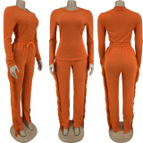 Plus Size Solid Long Sleeve Tassel Pants 2 Piece Sets FNN-8656