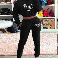 Pink Letter Print Fleece Hoodies Two Piece Sets FNN-8658