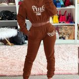 Pink Letter Print Fleece Hoodies Two Piece Sets FNN-8658