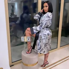 Dollar Print Full Sleeve Sashes Sleepwear Robe SH-390012