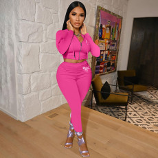 Pink Letter Print Hooded Zipper 2 Piece Pants Set XMF-091