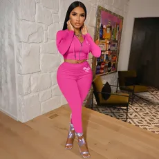 Pink Letter Print Hooded Zipper 2 Piece Pants Set XMF-091