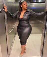 Plus Size Black PU Leather Long Sleeve Midi Dress LSD-81033