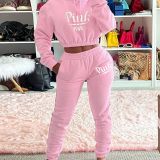 Pink Letter Print Fleece Hoodies Two Piece Sets FNN-8658