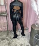 PU Leather Backless Tie-Knot Long Sleeve Top LSD-81096